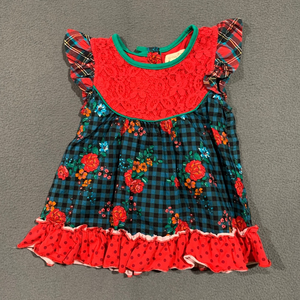Matilda Jane Boughs Of Holly Girls Red Lace Plaid Floral Ruffle Tunic 2T